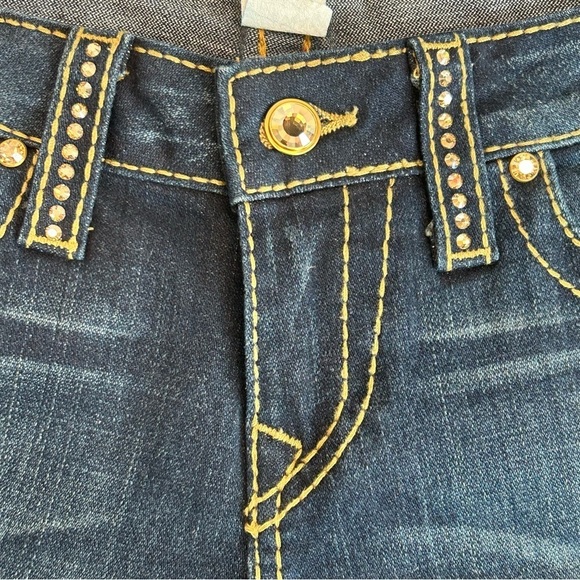TRUE Religion gold Crystal rhinestone blue wash bootcut denim jeans Sz 29 - Picture 7 of 16